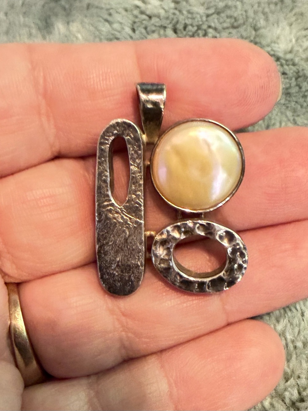 Vintage 925 Sterling Silver Modernist Asymmetric Pendant with Genuine Pearl
